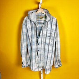 Blue Distressed Checkered Flannel Hoodie Button Up